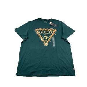NWT GUESS Men's XXL Metallic Gold Crest Logo Graphic T-Shirt Green